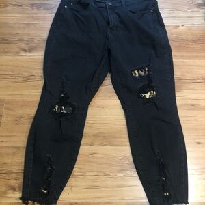 Judy Blue Black Jeans Skinny Distressed with Leopard Print Patches Size 18W NWOT